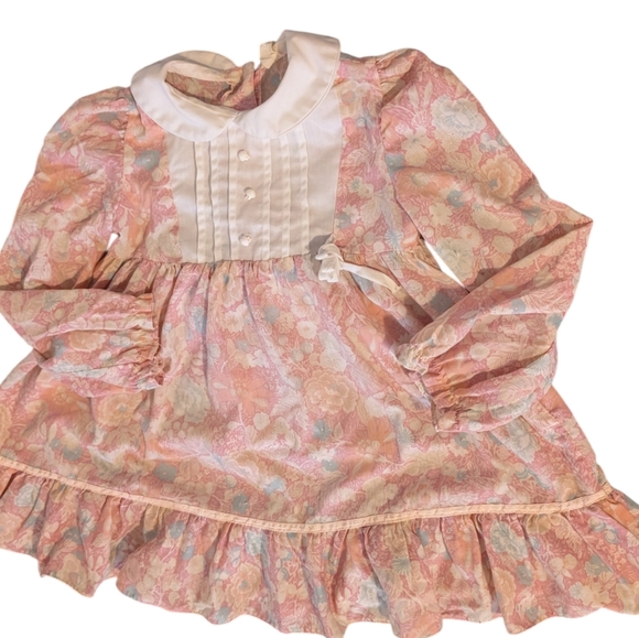 Vintage Other - 80s Vintage Pastel Pink‎ Floral Print Girls Dress Ruffle Pleated